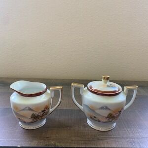 Takito China Mt Fuji Creamer Sugar Bowl Set Japan Hand Painted Gold Trim Vintage